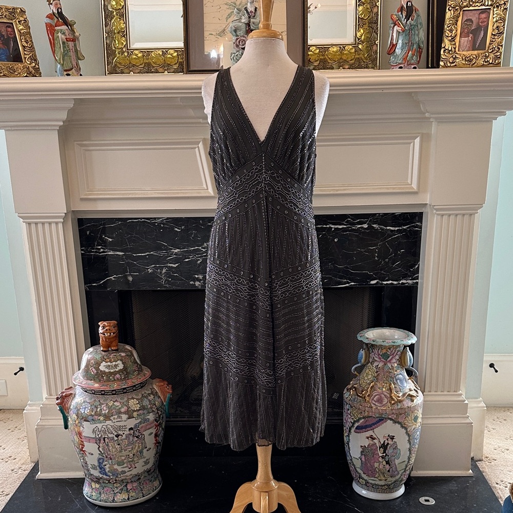 Ralph Lauren Beaded Grey Sleeveless Midi Evening Dress